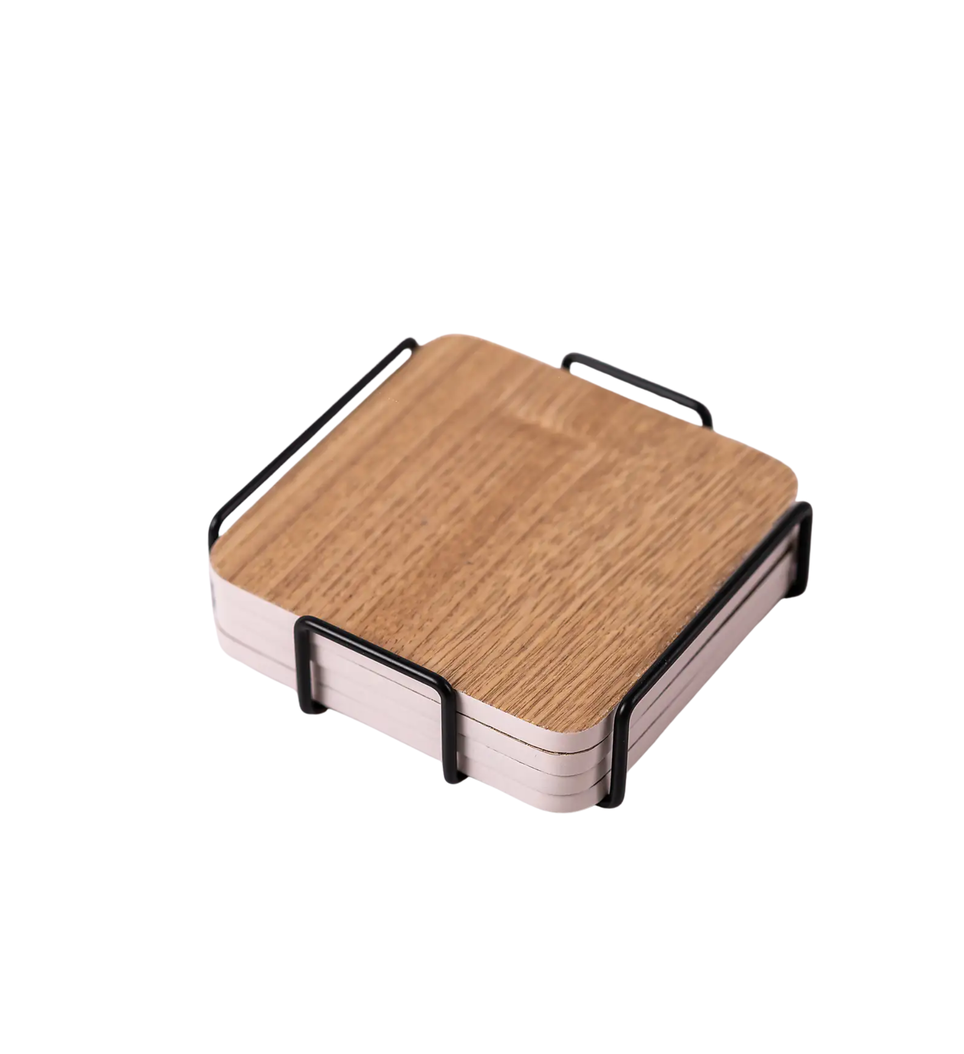 Set of 4 Wooden Coasters With Metal Holder